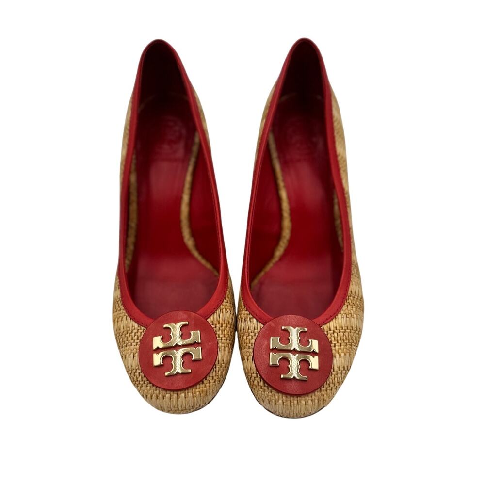 Tory Burch Reva Raffia Wedge Pumps 8M Straw Woven Red Logo Coastal Resort Shoes - Picture 2 of 16